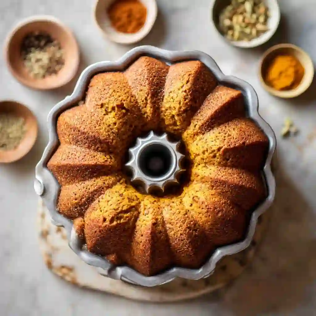 Baked Pumpkin Bundt Cake in Pan Overhead view of a golden-brown pumpkin Bundt cake baked in a fluted pan.