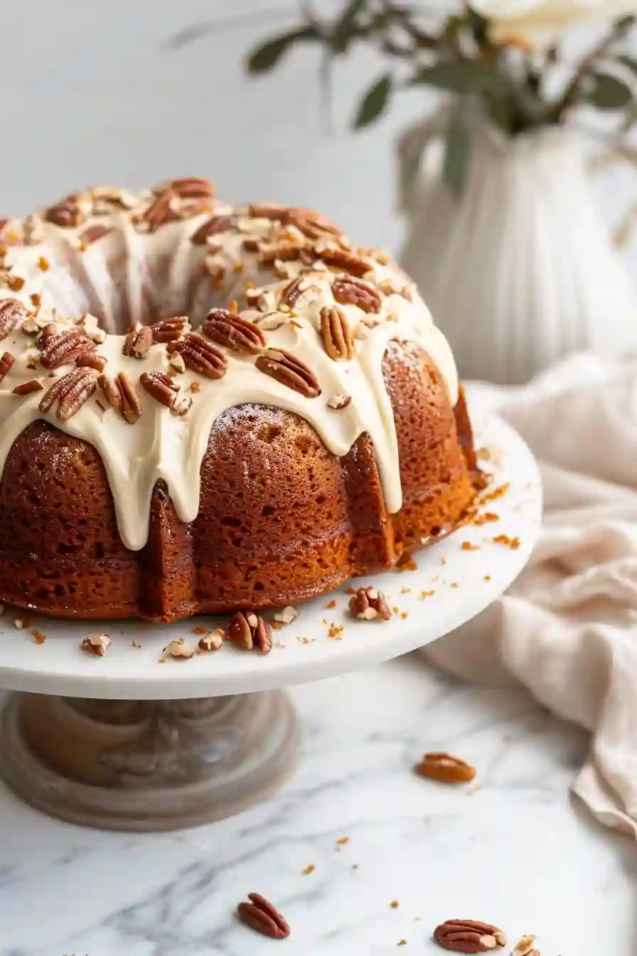 Carrot Nothing Bundt Cake Copycat Homemade carrot bundt cake copycat with cream cheese frosting and pecans,