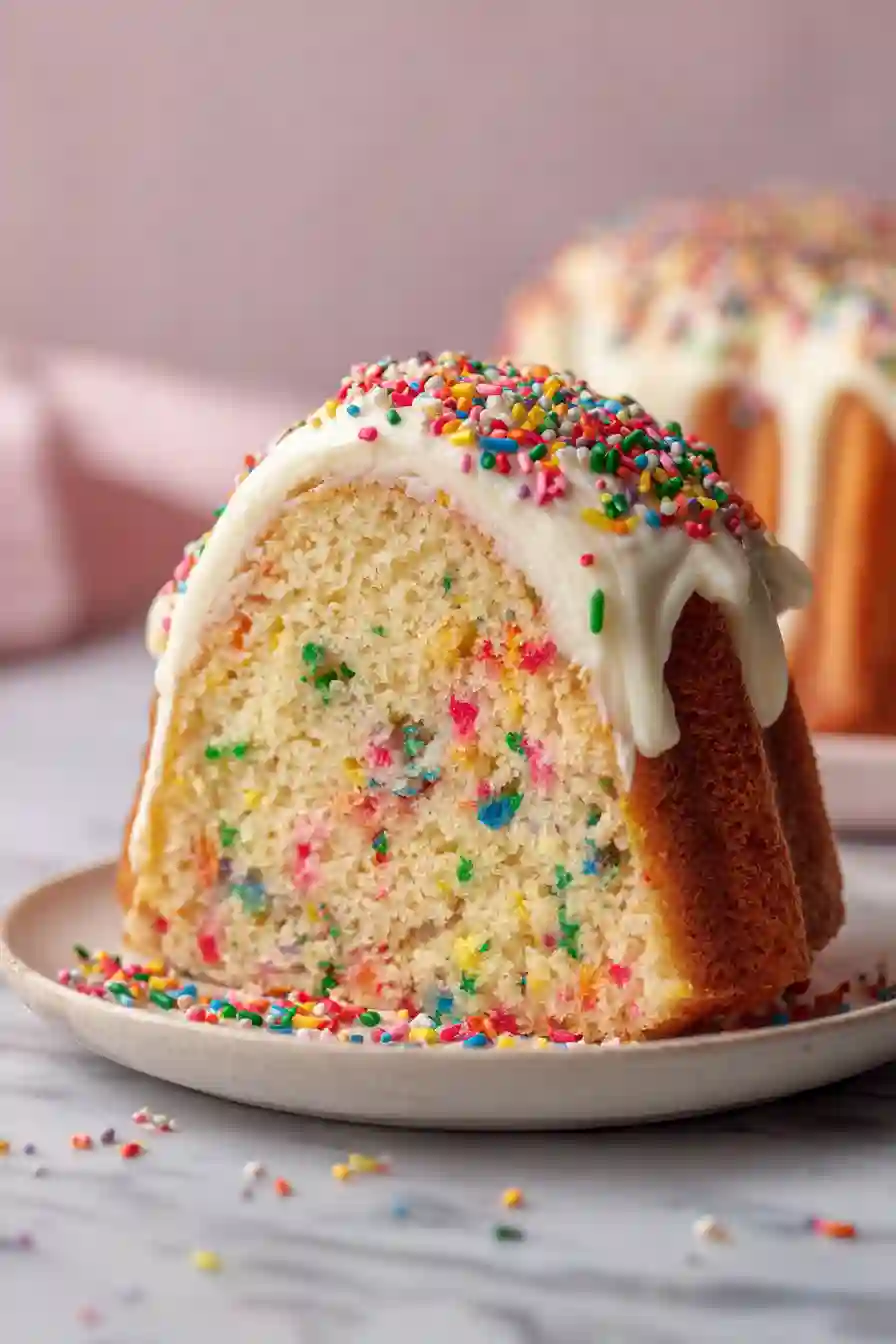 Vertical close-up of a slice of Funfetti Bundt cake topped with cream cheese frosting and sprinkles