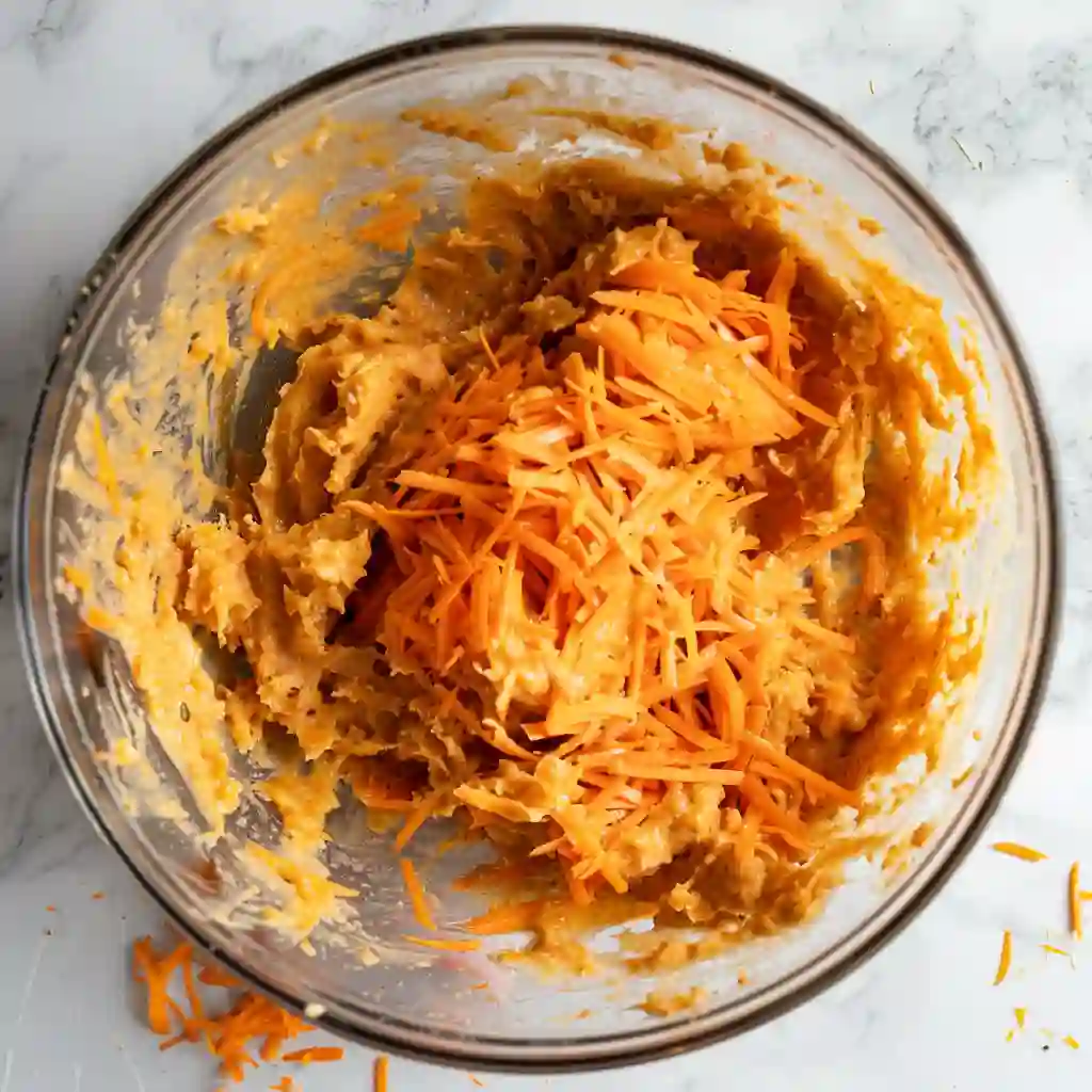 Mixing the Carrot Bundt Cake Batter Mixing bowl with carrot bundt cake batter and shredded carrots being folded in