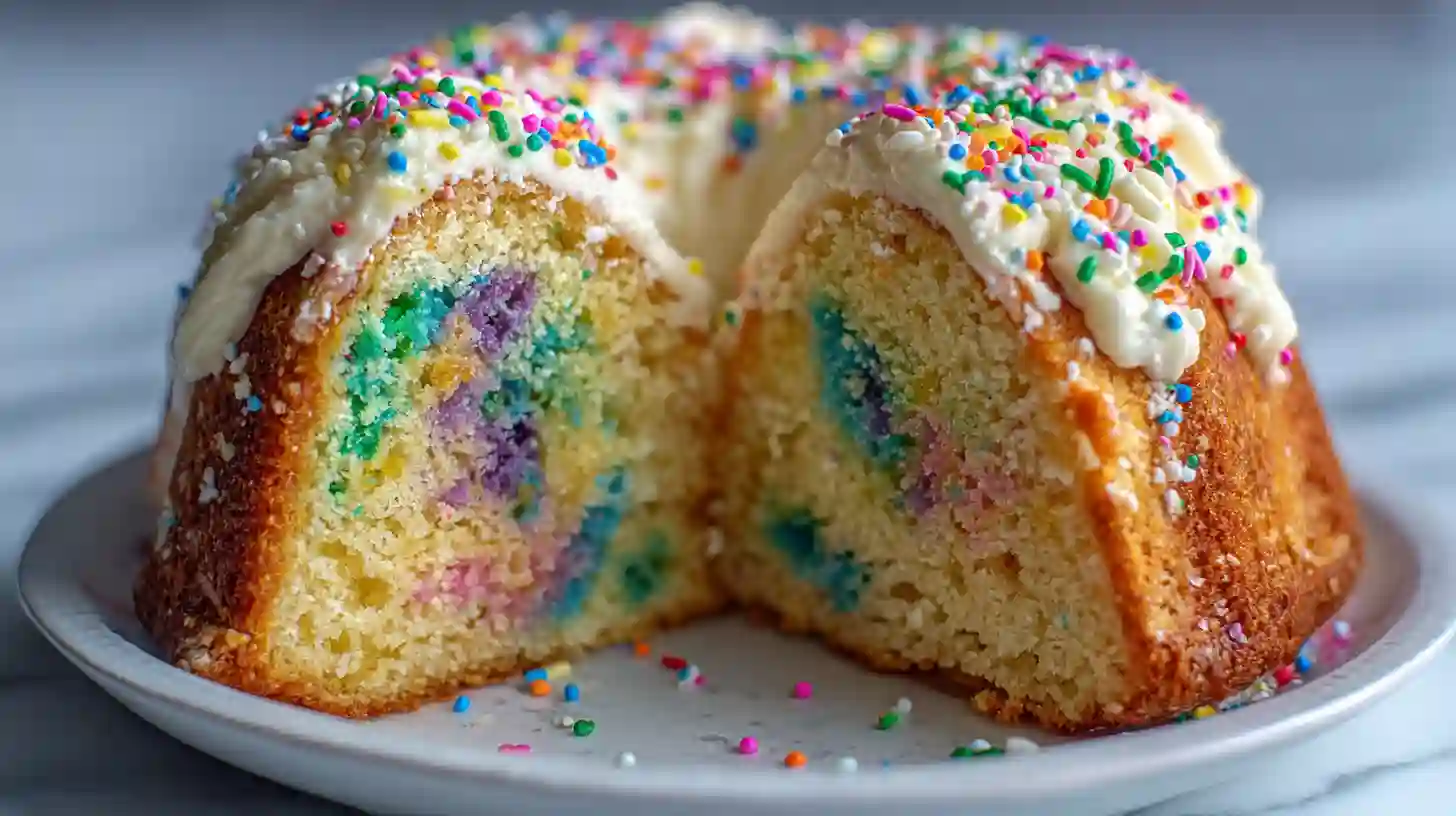 Nothing Bundt Cake Confetti Cake Moist and Colorful Birthday Treat Slice of homemade Funfetti Bundt cake with cream cheese frosting and rainbow sprinkles on a plate