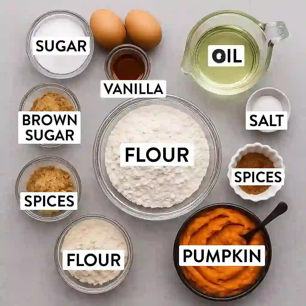 Pumpkin Bundt Cake Copycat Ingredients Flat lay of pumpkin Bundt cake ingredients in bowls, arranged differently on a gray background.