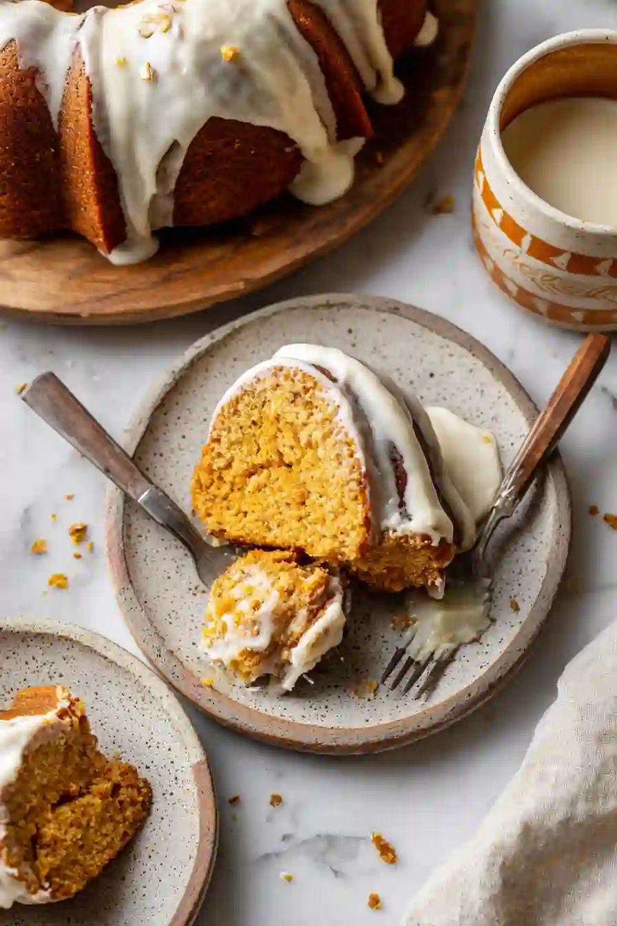Pumpkin Bundt Cake Copycat – Plated Slice Overhead Overhead view of pumpkin Bundt cake slice with cream cheese glaze on a plate.