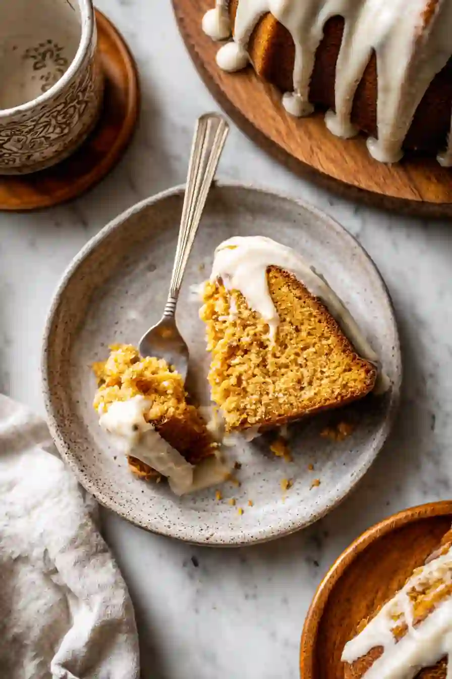 Pumpkin Bundt Cake Slice with Cream Cheese Glaze Overhead shot of a pumpkin Bundt cake slice with cream cheese glaze on a ceramic plate.