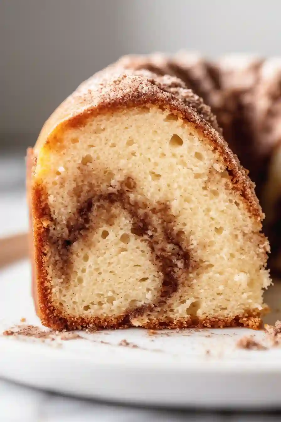 Vertical image of a slice of Snickerdoodle bundt cake showing cinnamon swirl