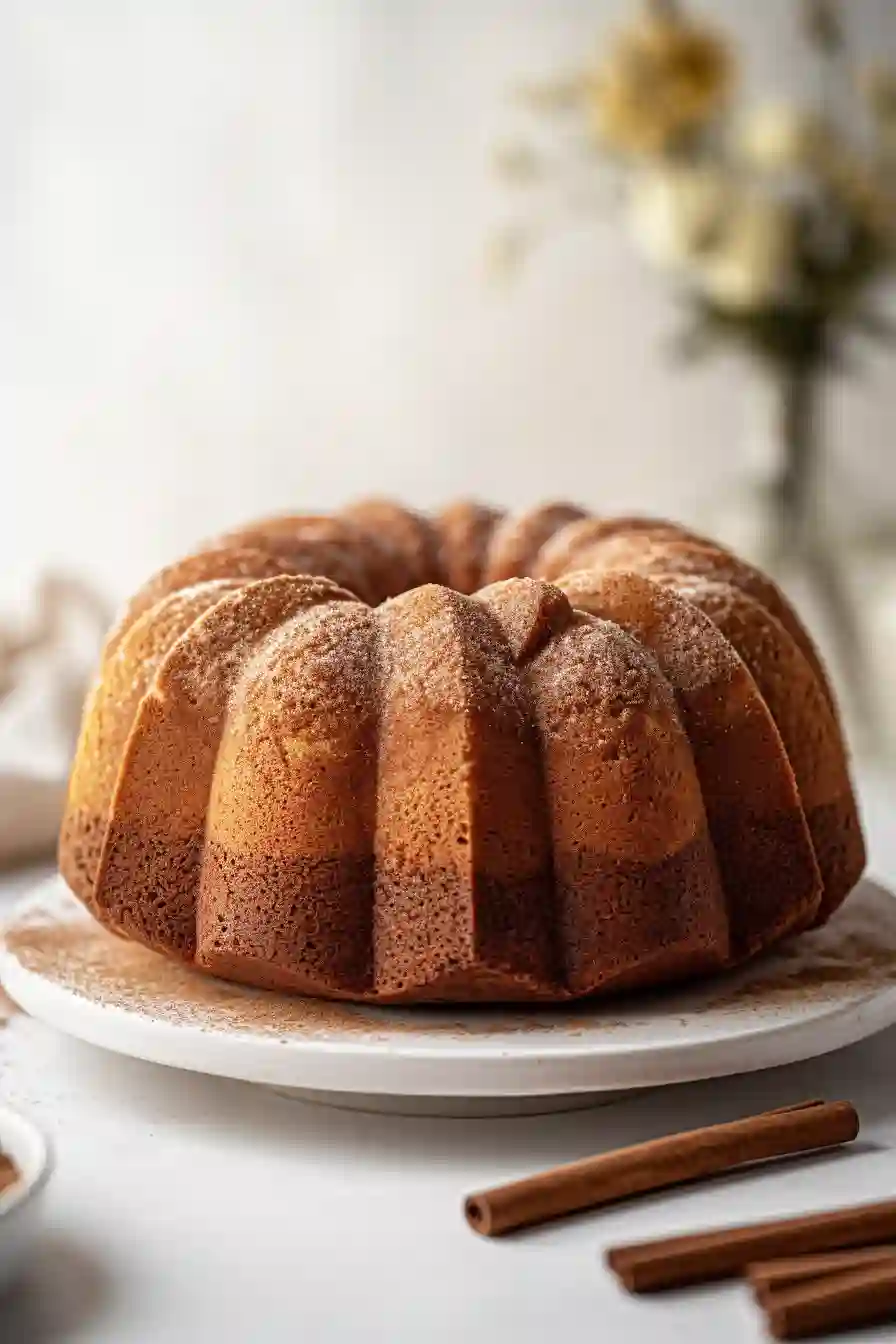 Vertical image of a homemade Snickerdoodle bundt cake with cinnamon sugar topping