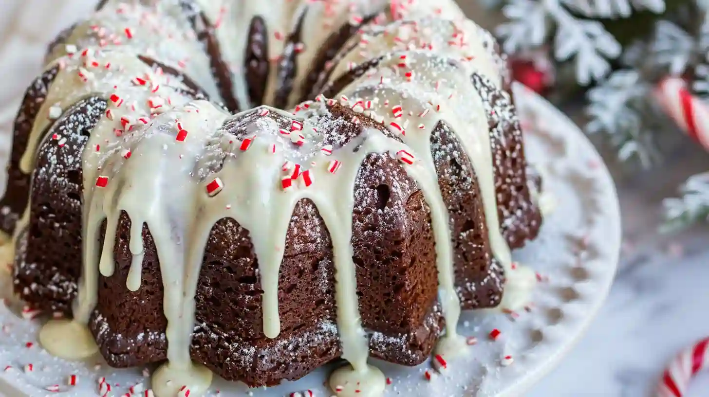 Chocolate Peppermint Bundt Cake Holiday Favorite Chocolate Peppermint Bundt Cake with cream cheese frosting and crushed candy canes on top