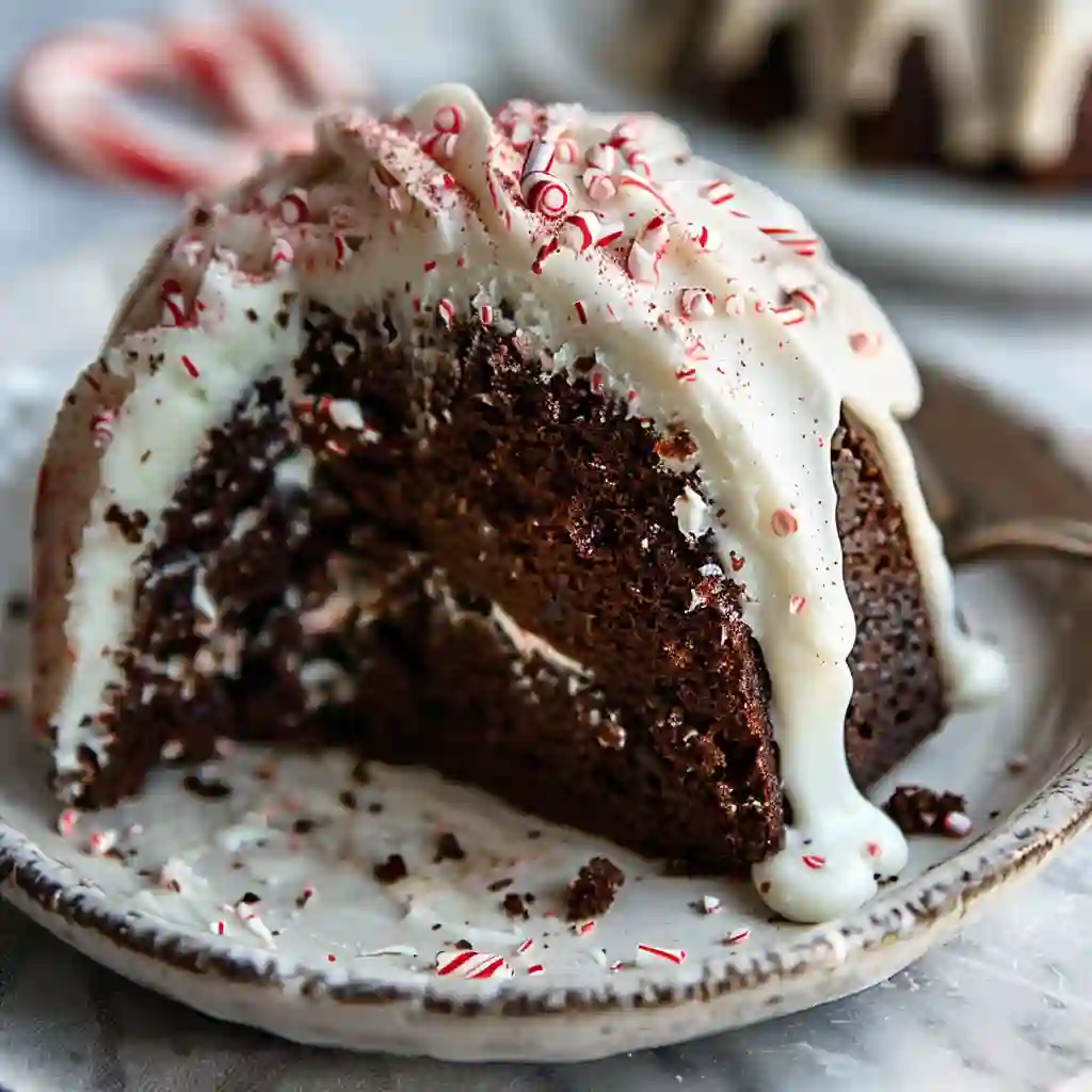 A slice of chocolate peppermint bundt cake with frosting and candy cane topping