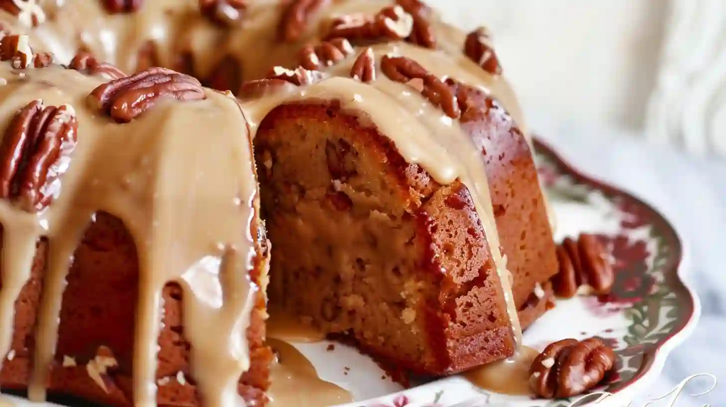 Praline Pecan Bundt Cake Moist, Rich & Nutty Close-up of Praline Pecan Bundt Cake with caramel glaze and sugared pecans on top