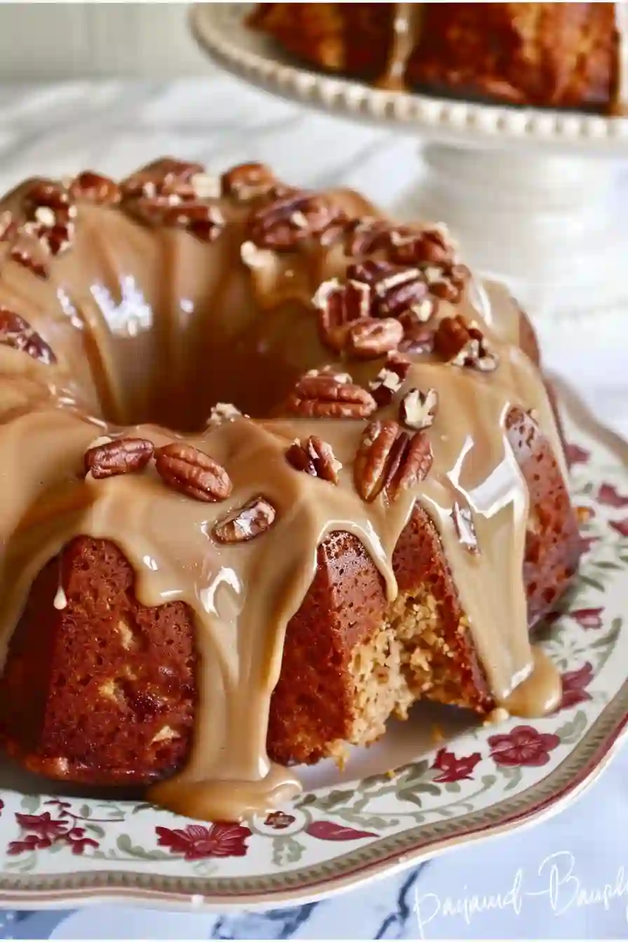 Vertical image of Praline Pecan Bundt Cake with caramel glaze dripping and sugared pecans on top