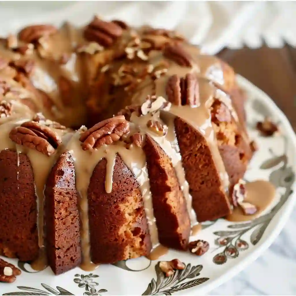 Square image of Praline Pecan Bundt Cake topped with praline sugared pecans and caramel glaze
