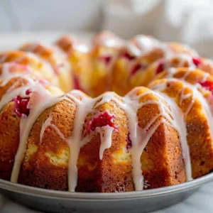Golden white chocolate raspberry bundt cake just baked in a bundt pan, cooling on a white surface